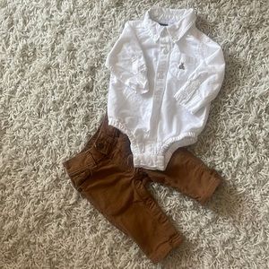 White button down shirt with khaki denim pants
